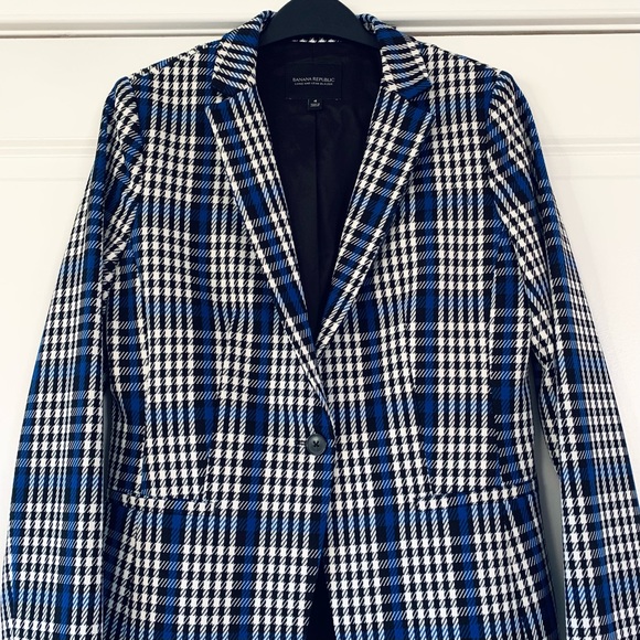 Banana Republic Long and Lean Blazer Plaid Jacket 1 Button Blue Black Size 4 - Picture 2 of 8